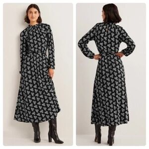 NWT Boden Printed Ruffle Neck Jersey Midi Black Dress size 12R